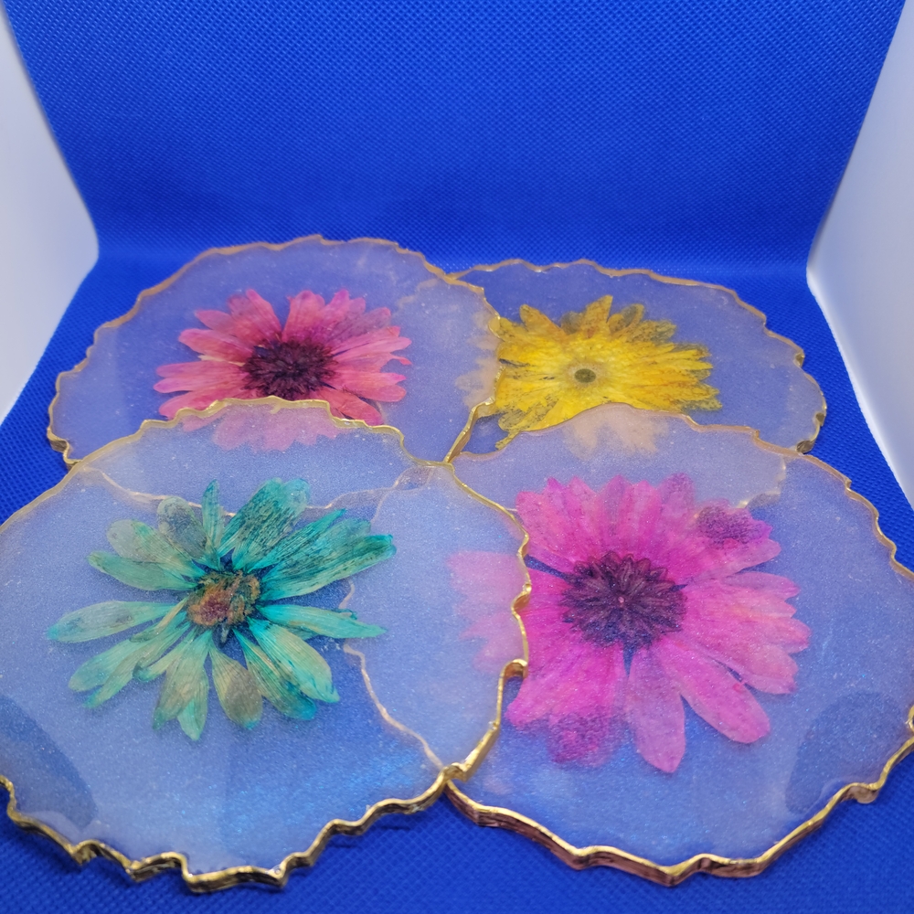 Floral Resin Coaster Set with Gold Trim